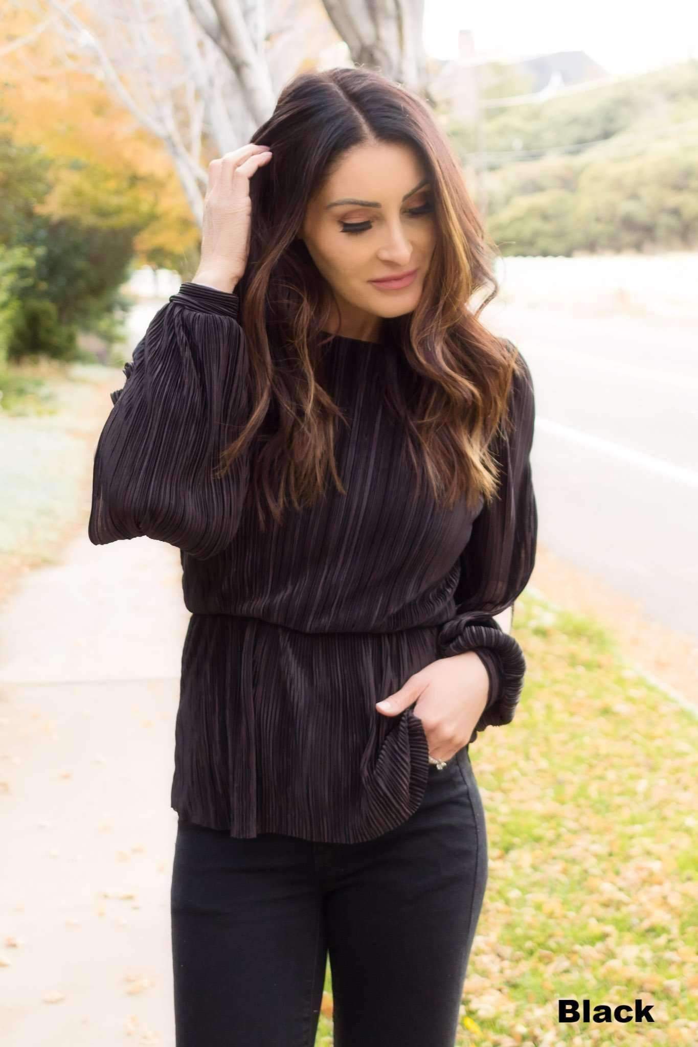 Brigitte Brianna Pleated Slit Sleeve Blouse - SexyModest Boutique