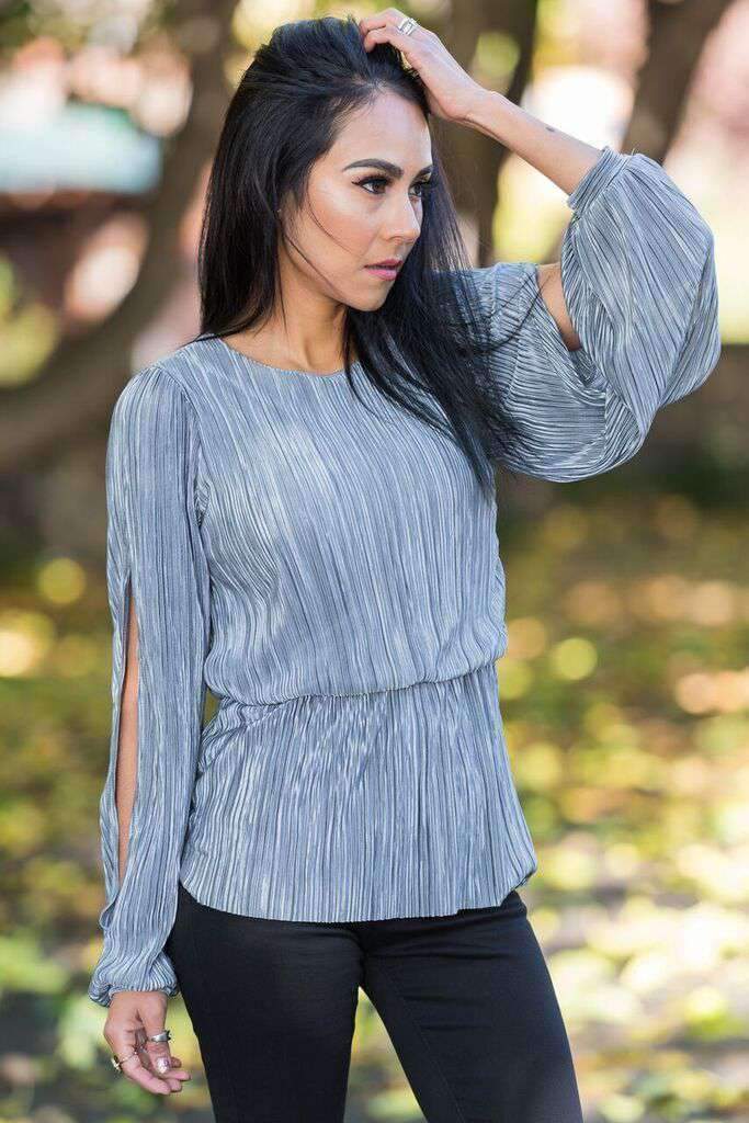 Brigitte Brianna Pleated Slit Sleeve Blouse - SexyModest Boutique