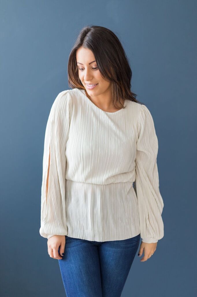 Brigitte Brianna Pleated Slit Sleeve Blouse - SexyModest Boutique